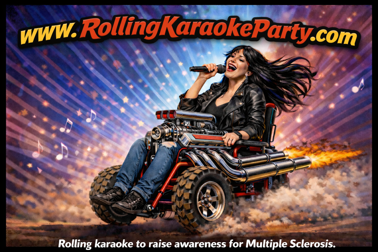Rolling Karaoke Party art featuring a singer, wheelchair energy, and loud colorful movement.